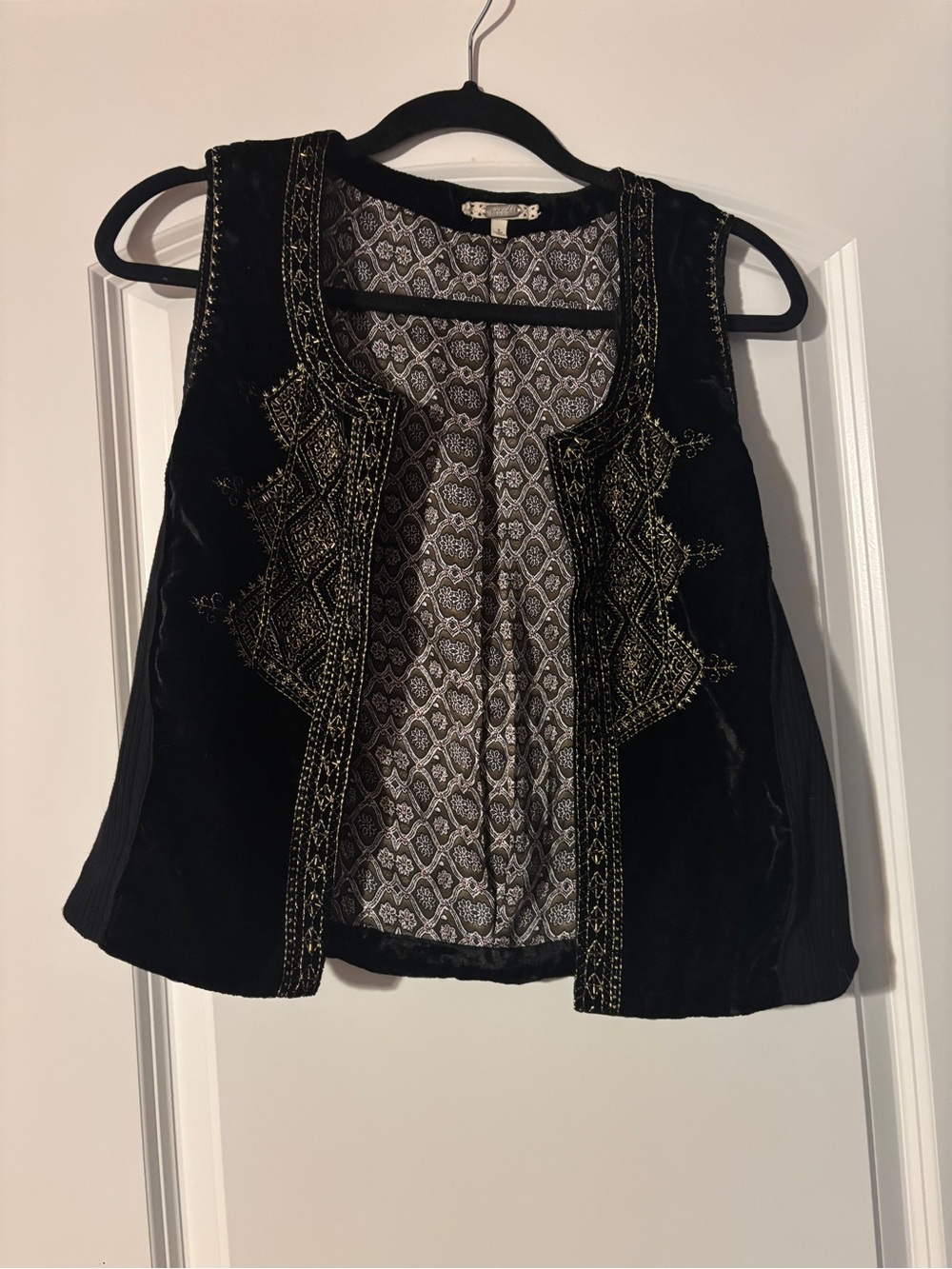 Embroidered Velvet Open Front Vest - Black with Gold Detail
